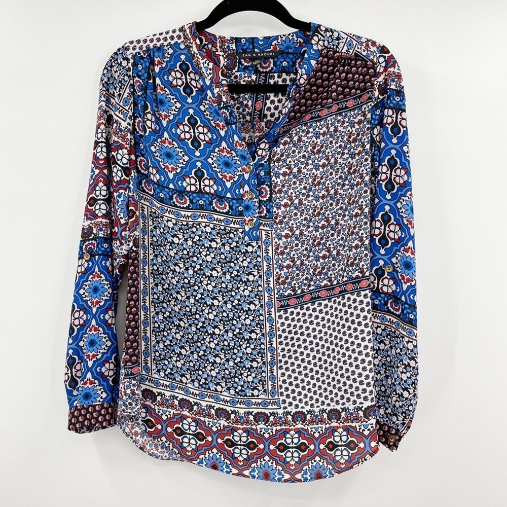 Zac & Rachel Patchwork Print Tunic Top Blouse S Americana Boho Casual Festival